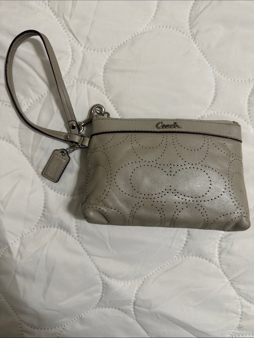 Coach Perforated Leather Wristlet in Taupe